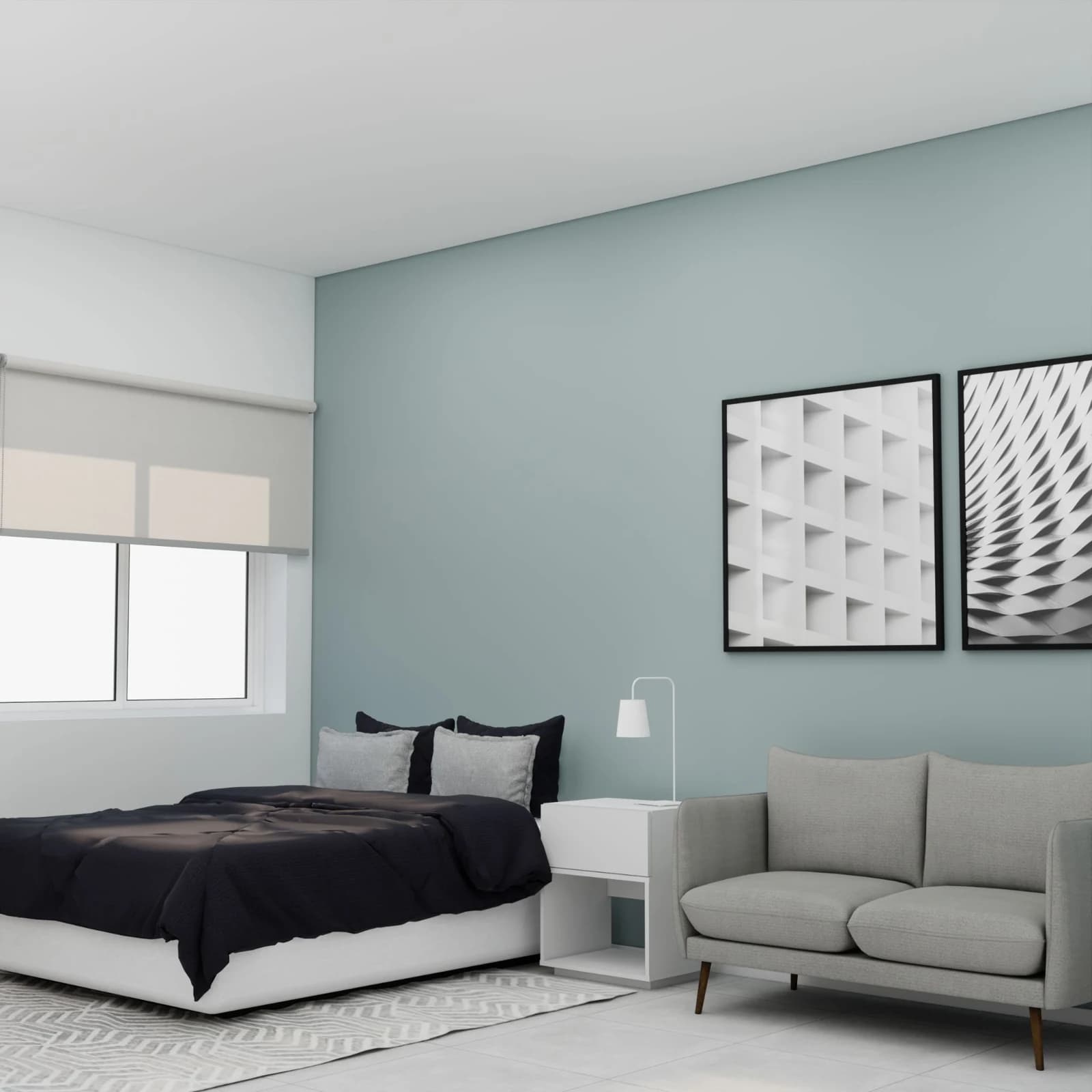 Perspectiva do estúdio com cama, sofá e parede em tom suave de verde-azulado